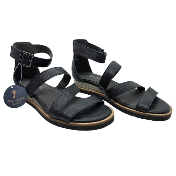 JBU by Jambu Shoes - JBU by Jambu Riviera Black Leather Strappy Wedge Sandals JB17RIV01 Womens 6M